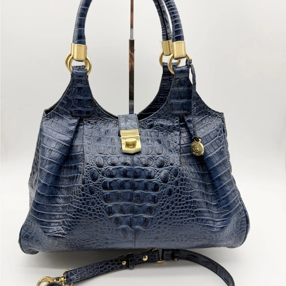 VTG Brahmin Melbourne Celia Crocs Embossed Leather Shoulder Bag Satchel Blue - Picture 11 of 14